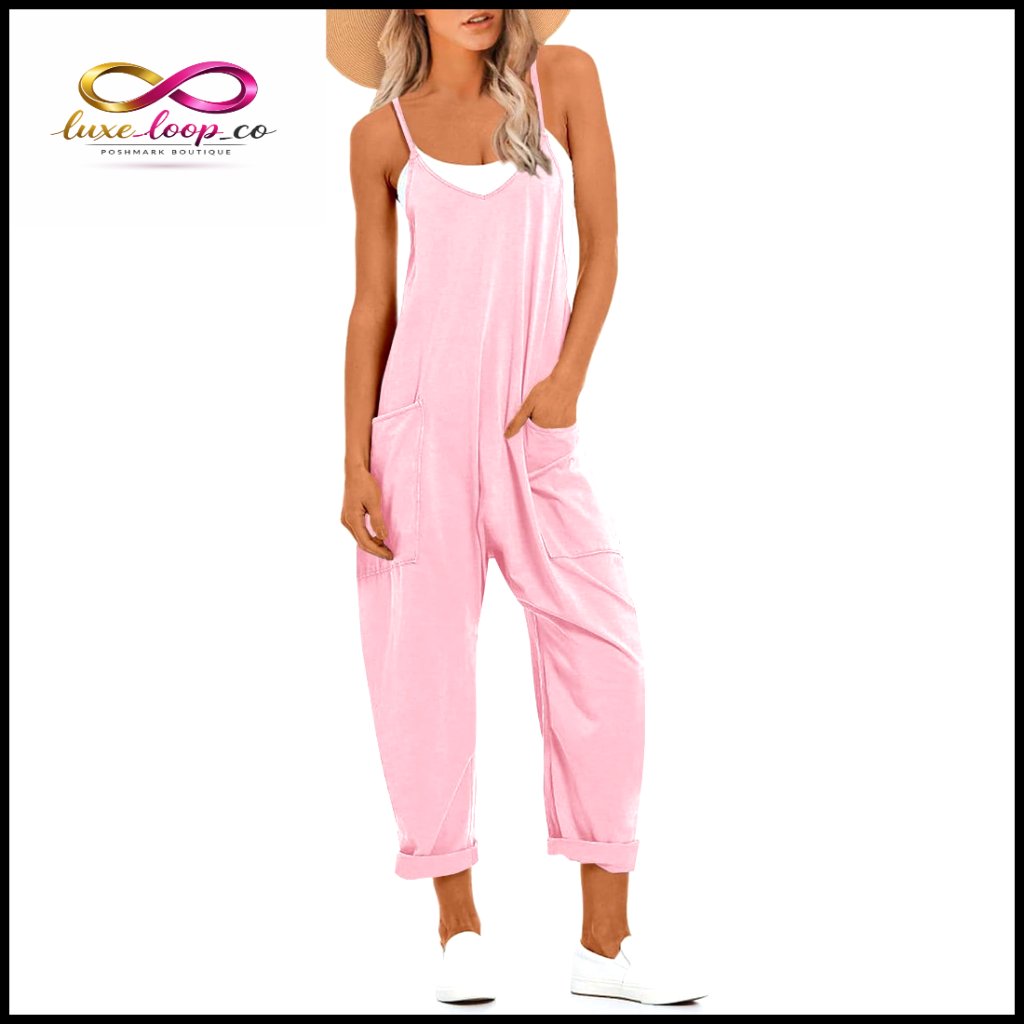 V-Neck Sleeveless Jumpsuit With Pockets, Spaghetti Straps, Harem Pants